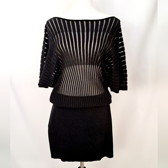 Trina Turk Black Sweater Knit Dress Mini Pima Cotton Mesh Dolman Sleeve LBD M - Picture 2 of 16